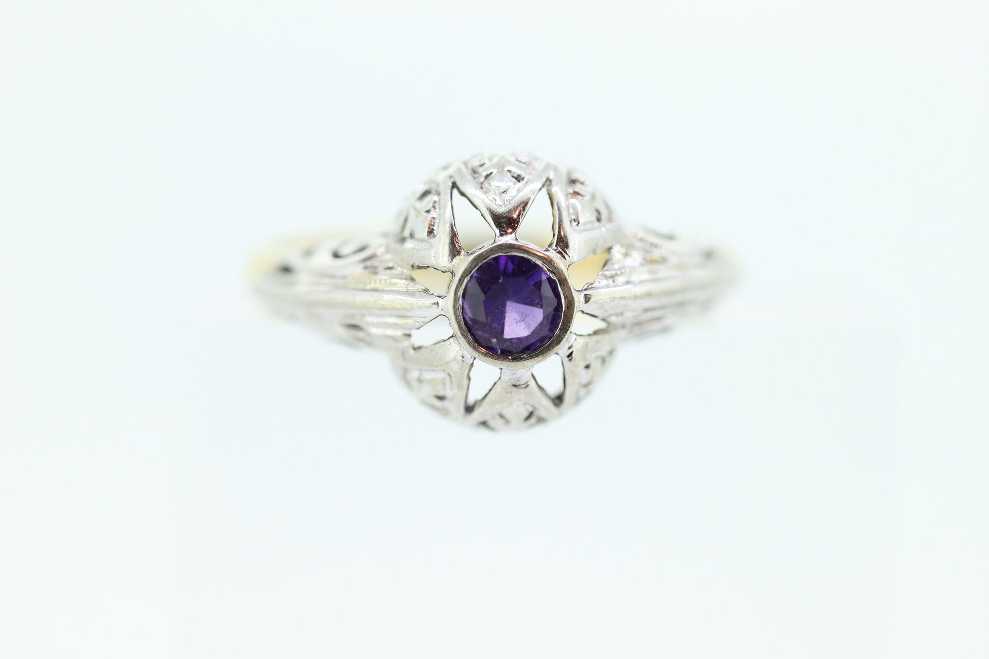 Art Deco Amethyst Ring. 18k White Gold Filigree Design. Engagement Ring from Art Deco 1920 Era. Statement band. February Stone