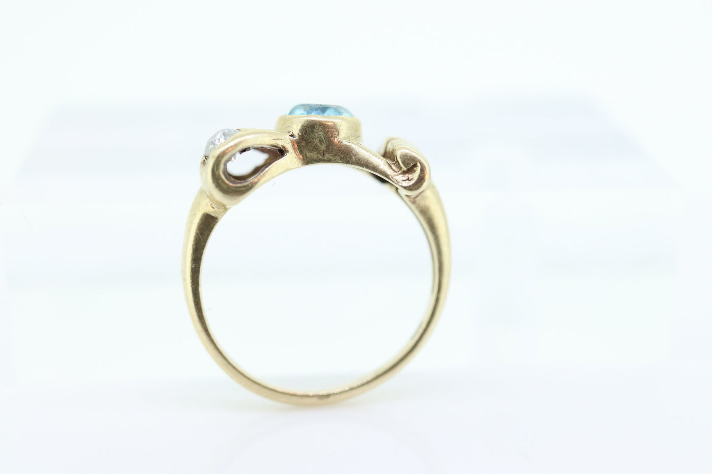 Antique LONDON Blue topaz and Diamond ring. Bezel Topaz and Diamond Bow Knot Love ring. st(88/33)
