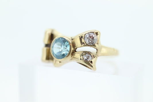 Antique LONDON Blue topaz and Diamond ring. Bezel Topaz and Diamond Bow Knot Love ring. st(88/33)