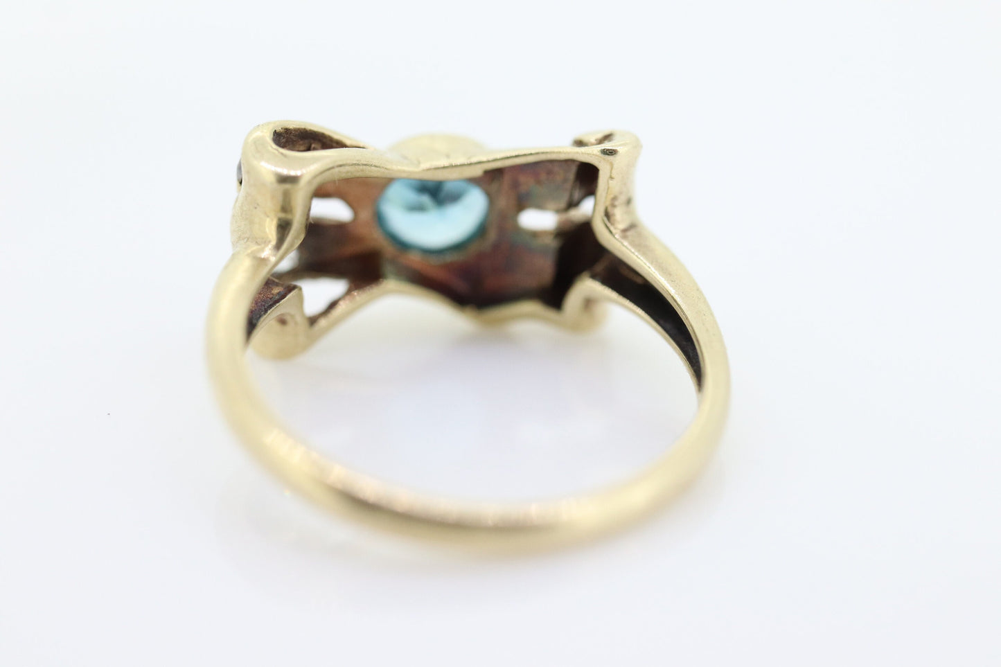 Antique LONDON Blue topaz and Diamond ring. Bezel Topaz and Diamond Bow Knot Love ring. st(88/33)