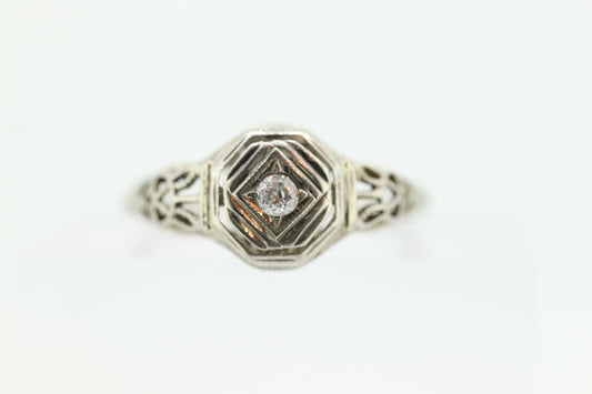 Antique Art Deco Diamond Solitaire Ring. 18k White Gold square set diamond  illusion set. st(105)