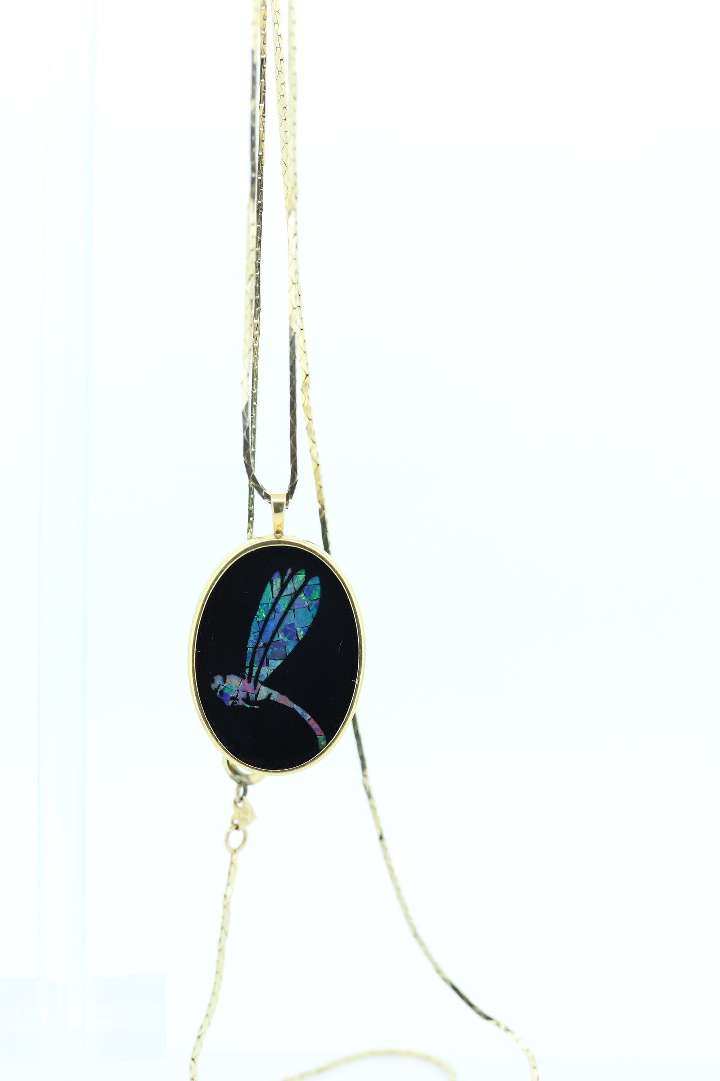 Opal Mosaic Onyx Pendant. 14k Yellow Gold Medallion. Dragonfly Dragon fly cluster opal inlay onyx charm necklace. (st117/87)