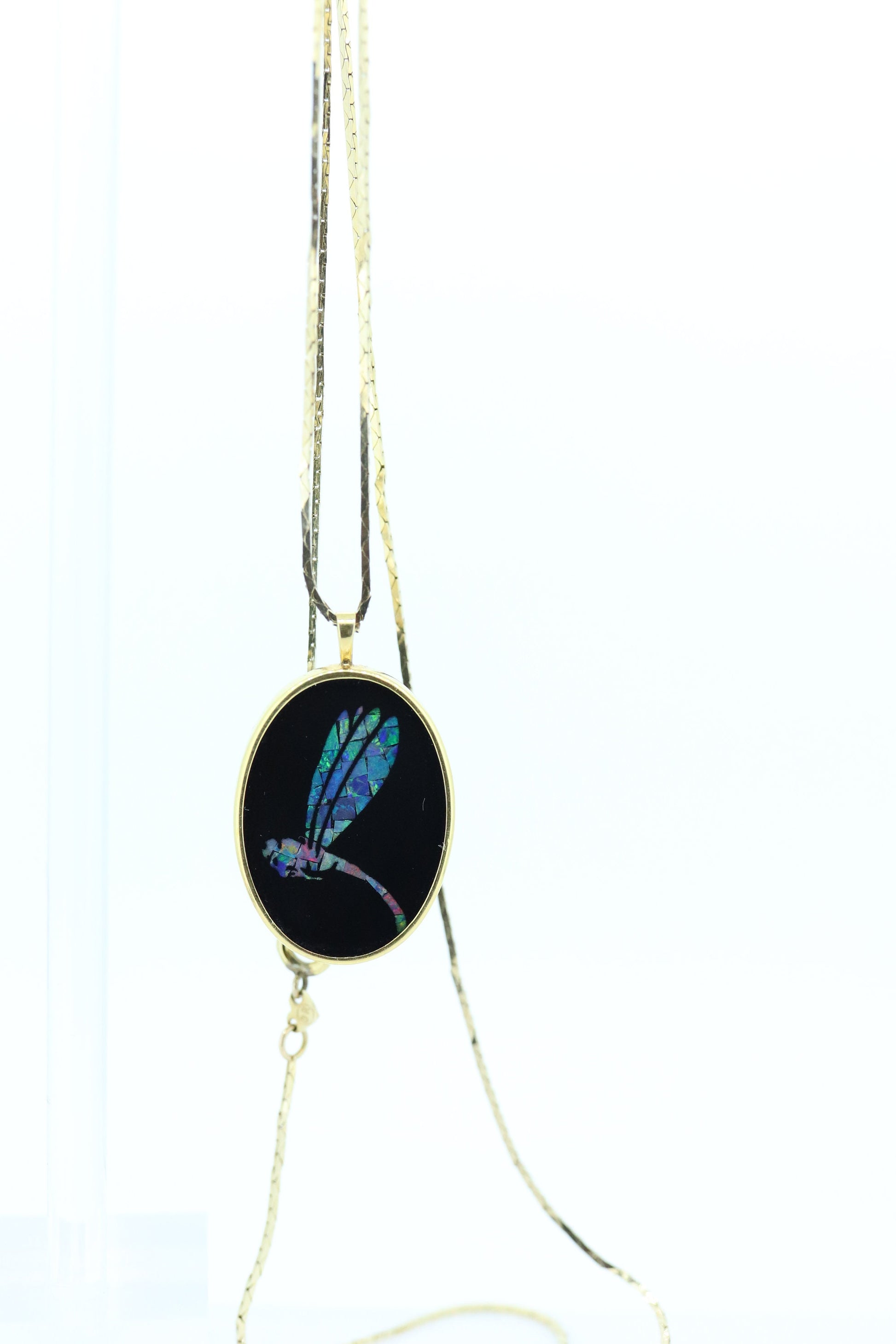 Opal Mosaic Onyx Pendant. 14k Yellow Gold Medallion. Dragonfly Dragon fly cluster opal inlay onyx charm necklace. (st117/87)