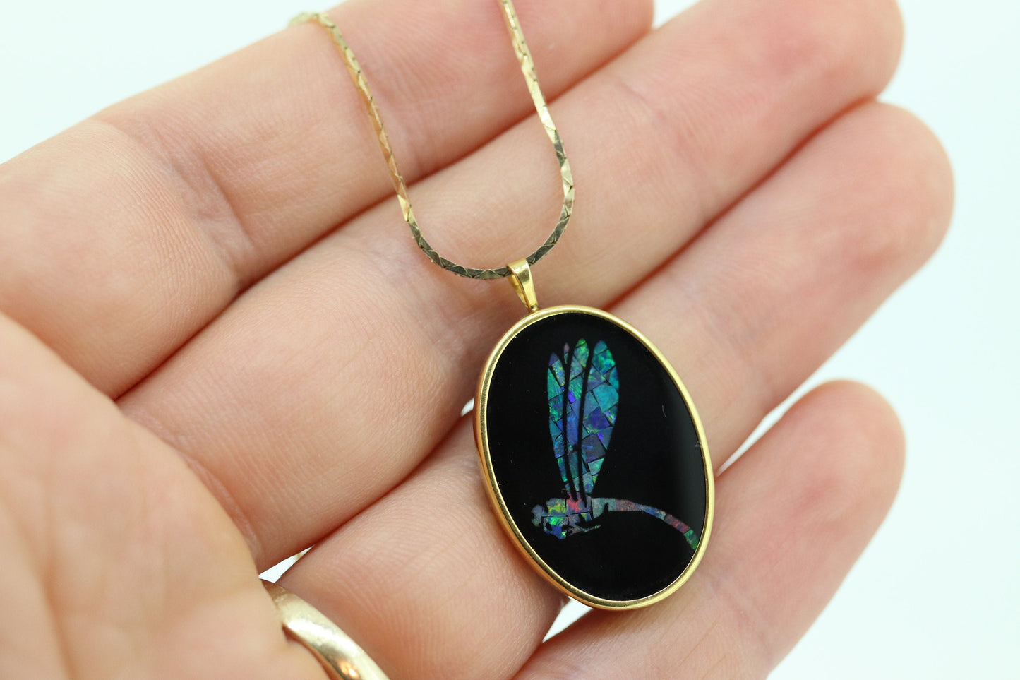 Opal Mosaic Onyx Pendant. 14k Yellow Gold Medallion. Dragonfly Dragon fly cluster opal inlay onyx charm necklace. (st117/87)