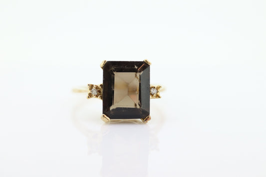 10k Smoky Quartz Large Emerald ring. Large Rectangle Smokey Quartz Cocktail ring st(50)