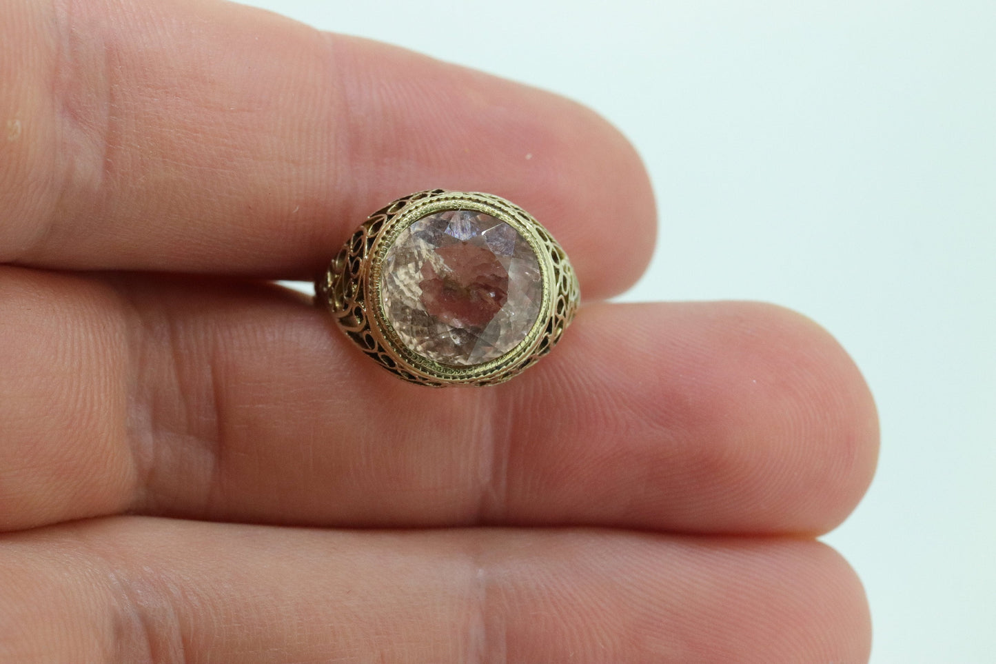 Antique 14k Gold Art Deco Morganite ring. Natural Morganite bezel set filigree ring. st(105)