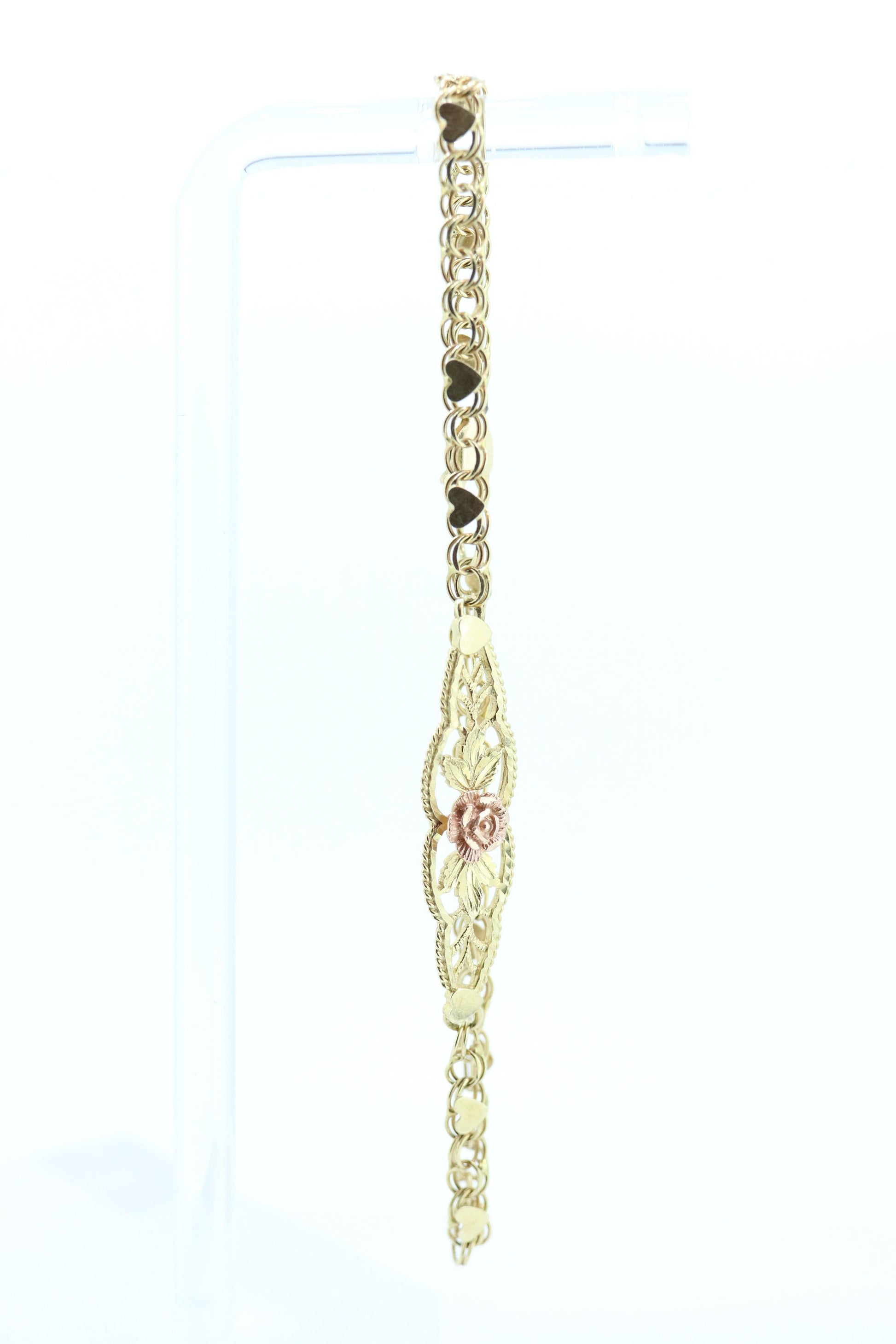 14k Flower Rose Filigree Shield Bracelet. 14k Yellow Rose gold Heart link chain filigree open shield Bracelet. st(113)