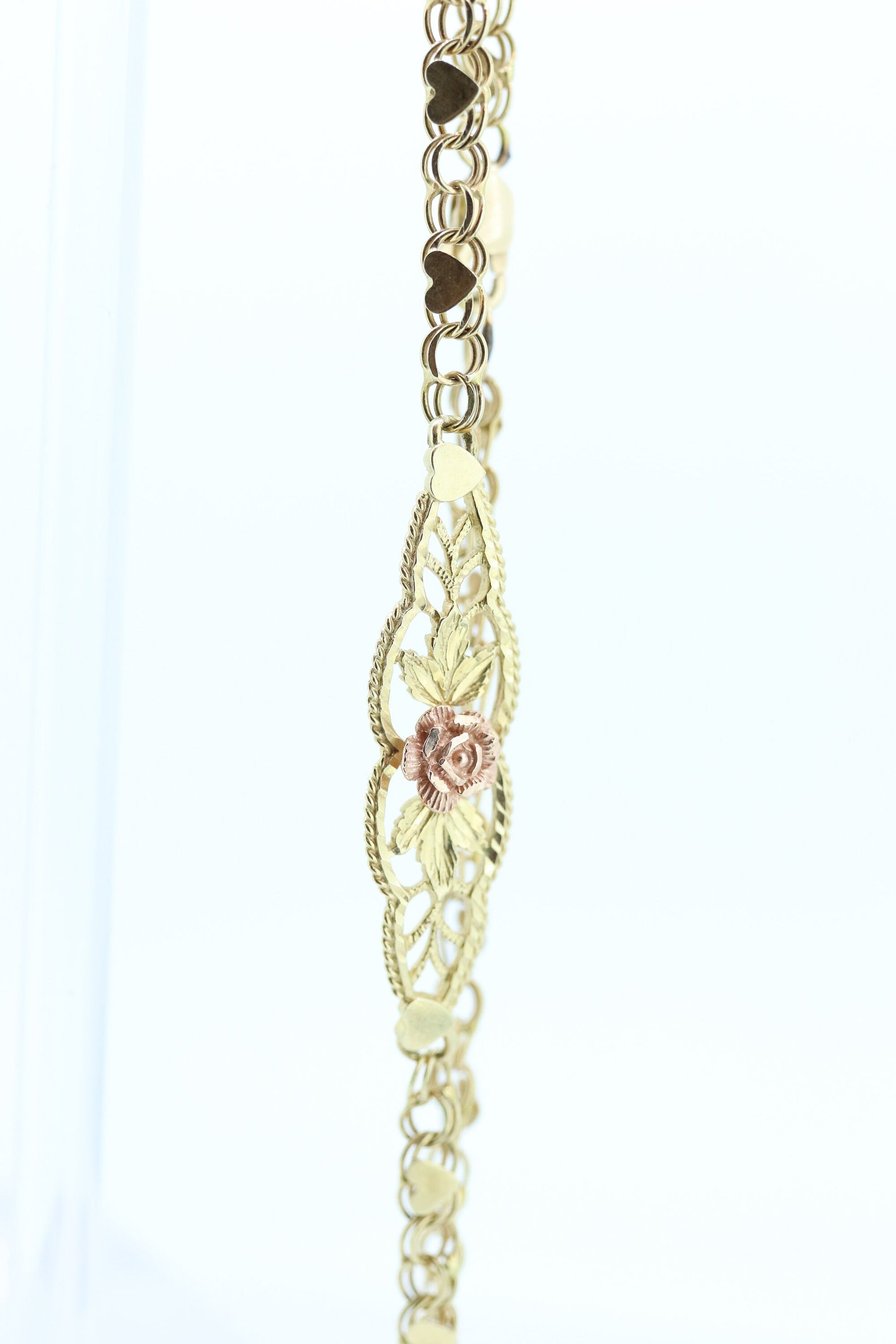 14k Flower Rose Filigree Shield Bracelet. 14k Yellow Rose gold Heart link chain filigree open shield Bracelet. st(113)