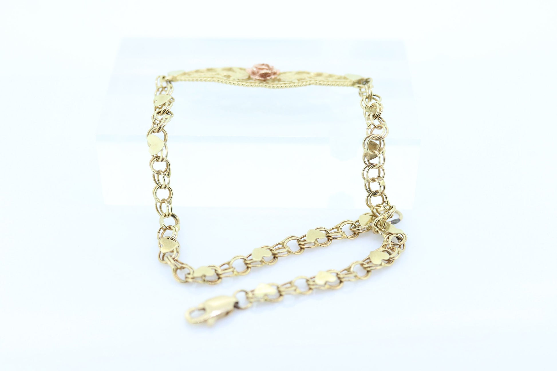 14k Flower Rose Filigree Shield Bracelet. 14k Yellow Rose gold Heart link chain filigree open shield Bracelet. st(113)