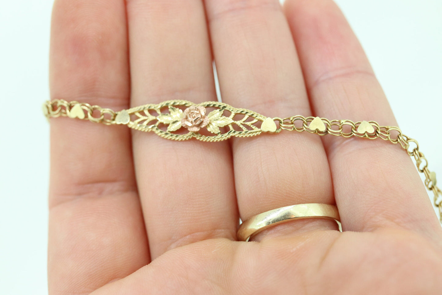 14k Flower Rose Filigree Shield Bracelet. 14k Yellow Rose gold Heart link chain filigree open shield Bracelet. st(113)