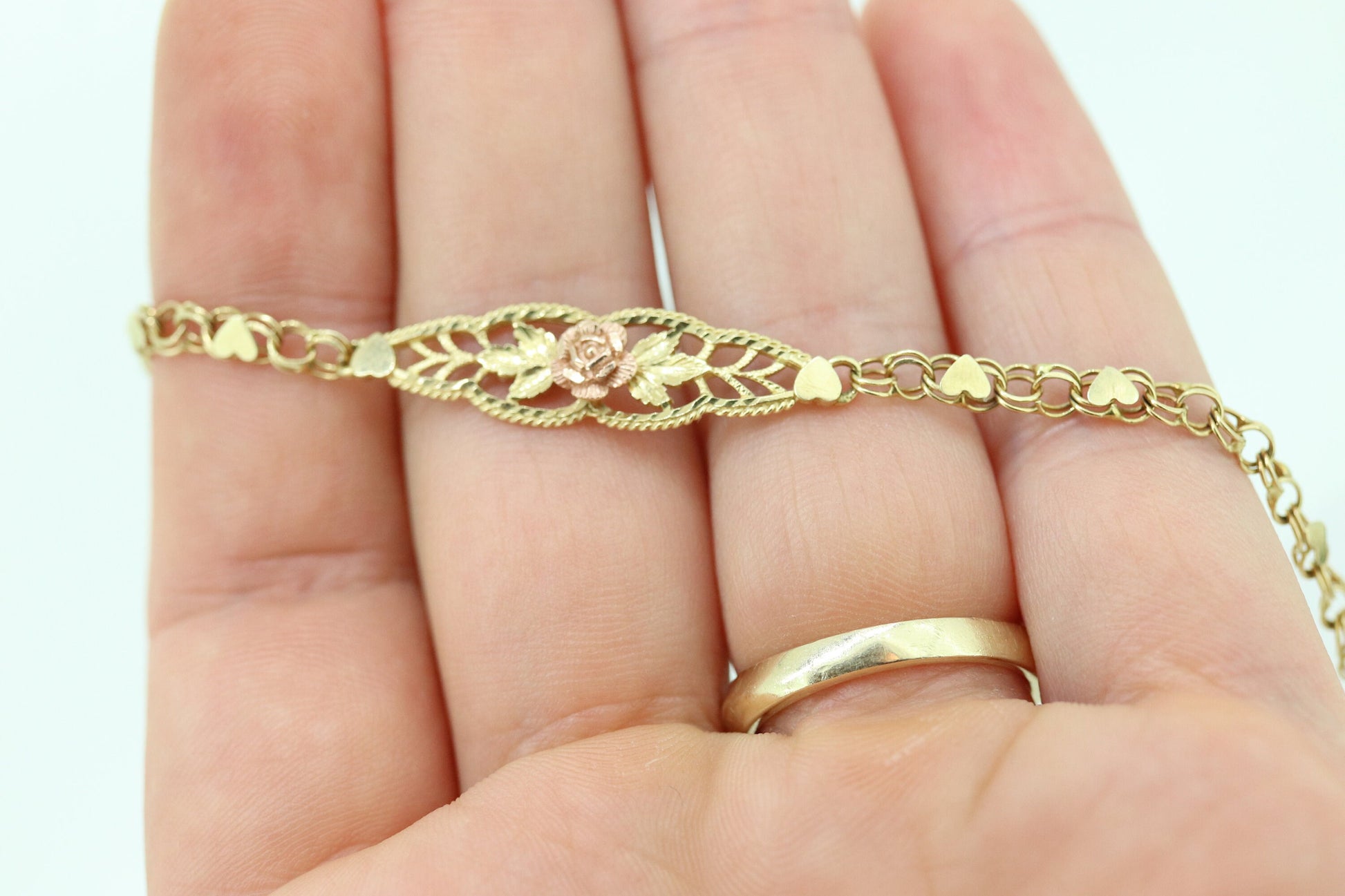 14k Flower Rose Filigree Shield Bracelet. 14k Yellow Rose gold Heart link chain filigree open shield Bracelet. st(113)