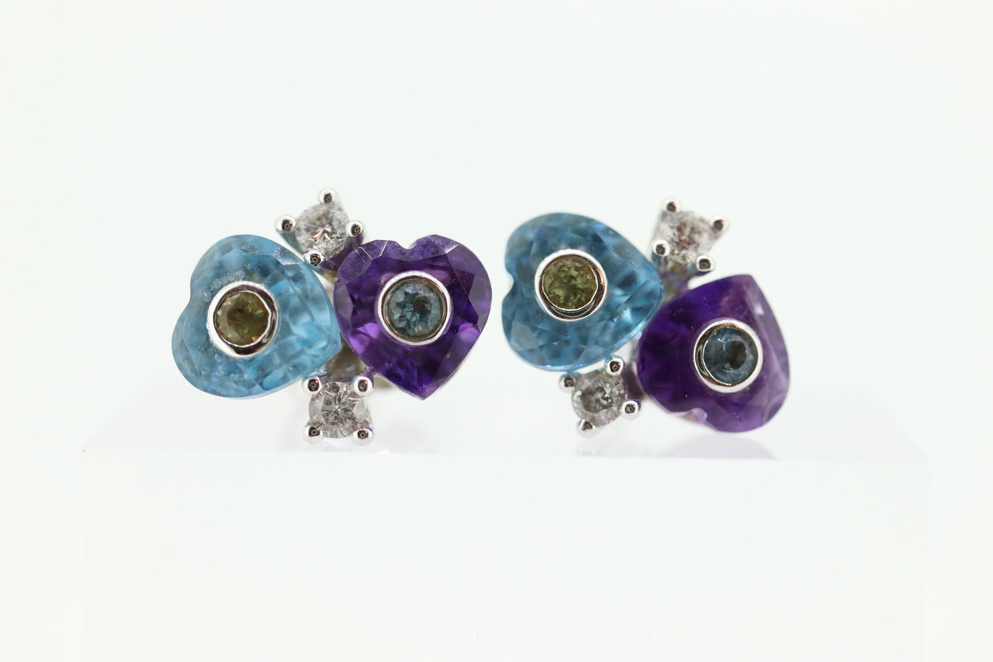14k Amethyst and Topaz hearts and diamond stud earrings. Fun colorful earrings. st(92)