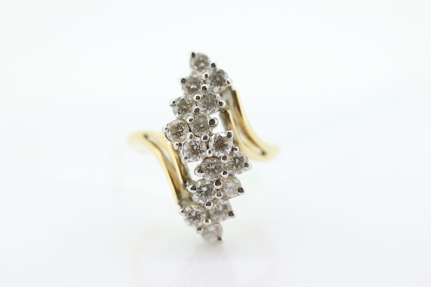 14k Yellow Gold Ring. Round Diamond Cluster Ring. Waterfall diamond. 0.96ctw diamonds st546