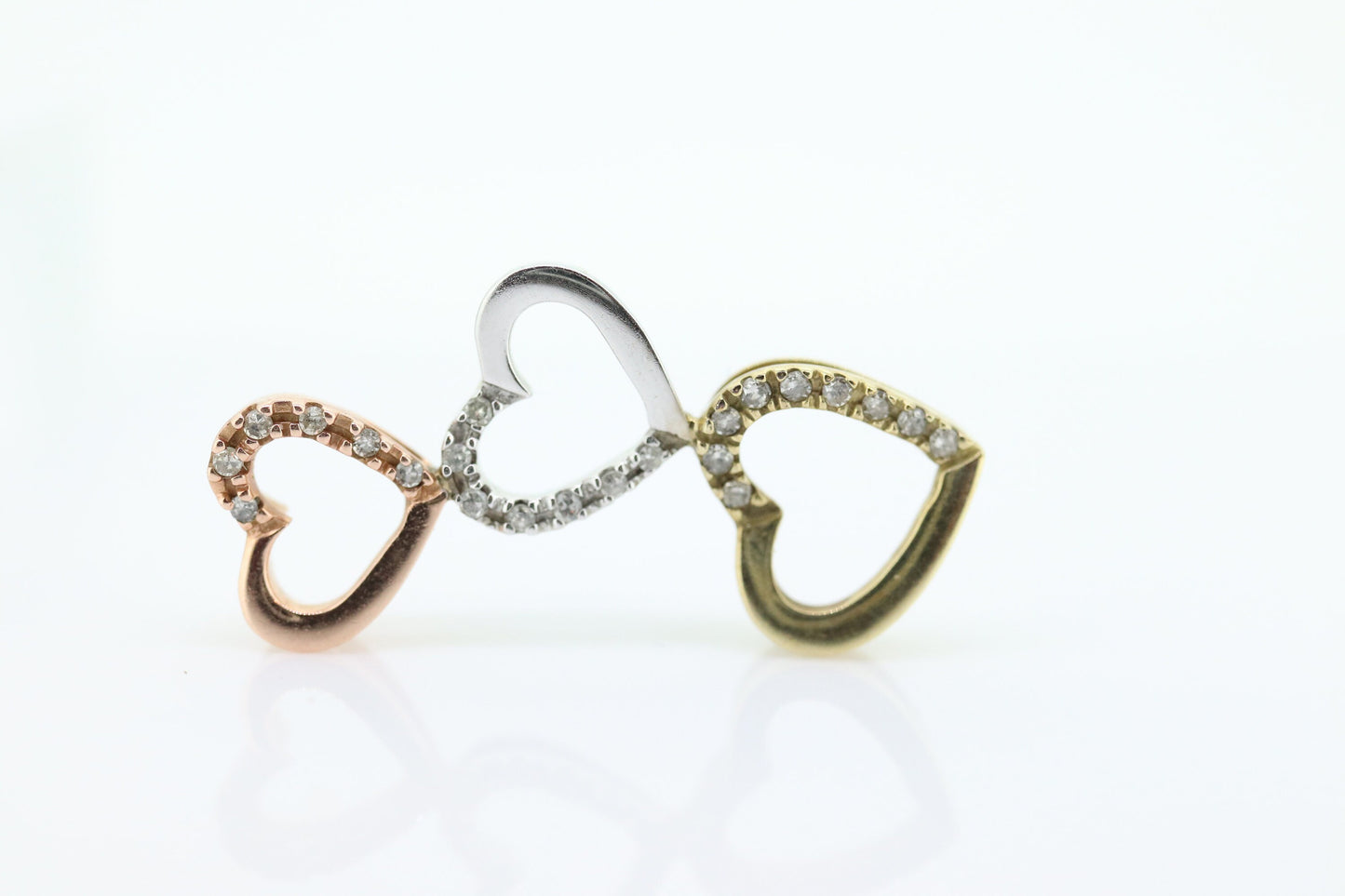 10K tricolor Triple Open Heart Diamond pendant. 10k Rose Yellow White gold.