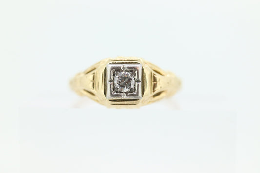 Art Deco Diamond Solitaire Ring. 14k Gold Old European Cut diamond  floral Ring st(112)