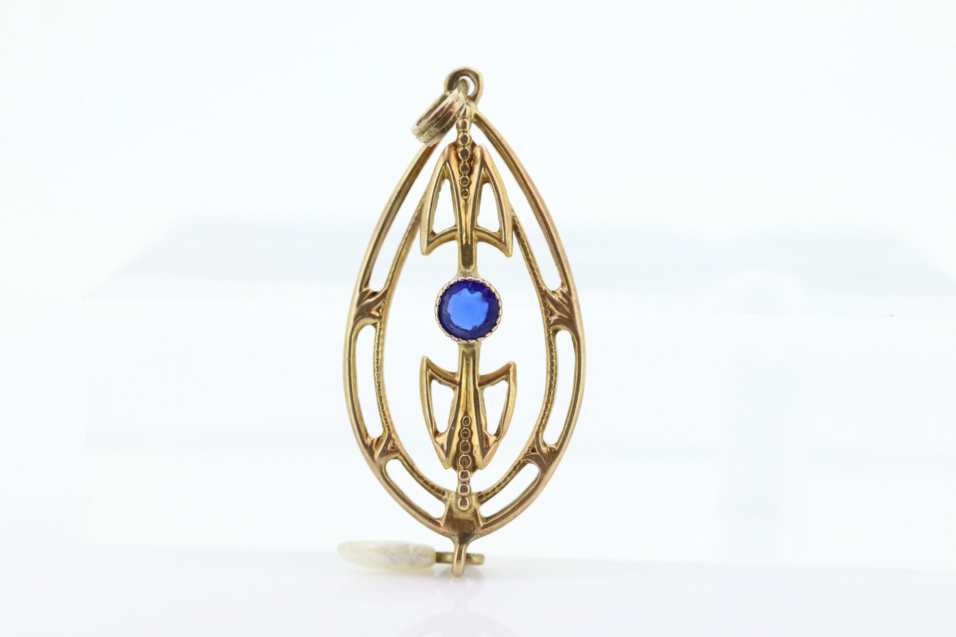 Art Nouveau Sapphire and Pearl seed Buttercup 10k gold Lavaliere