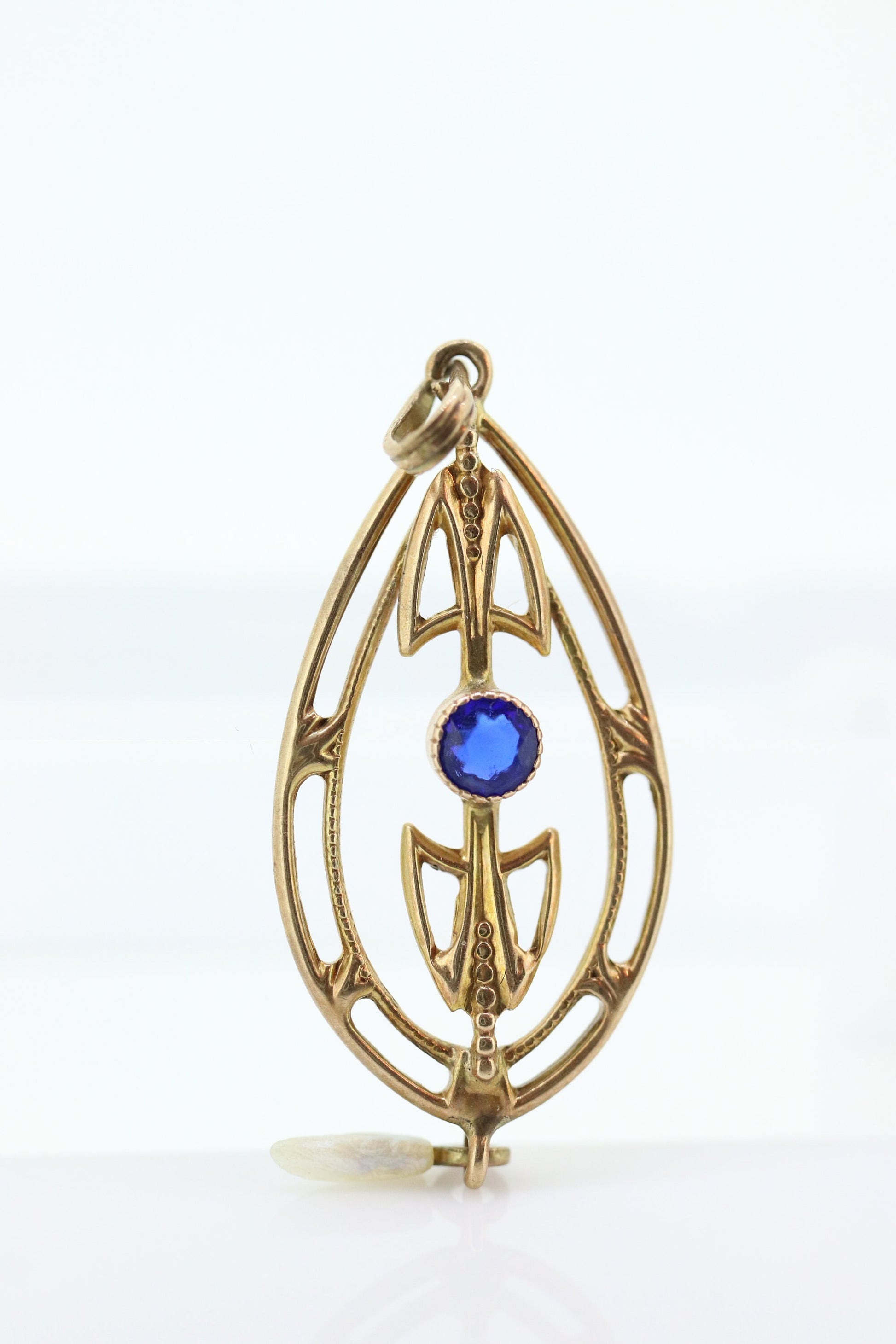 Art Nouveau Sapphire and Pearl seed Buttercup 10k gold Lavaliere