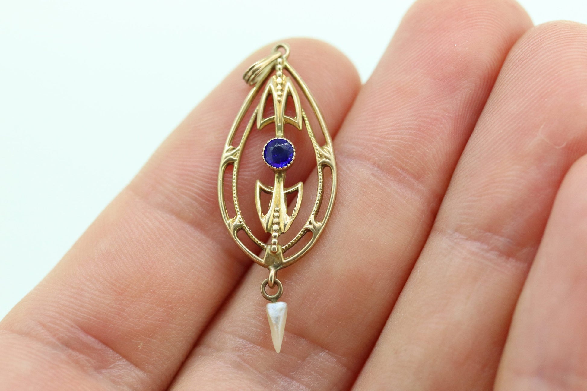 Art Nouveau Sapphire and Pearl seed Buttercup 10k gold Lavaliere