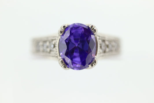 14k Purple Gem ring. 14k Engraved and CZ setting solitaire ring. st260