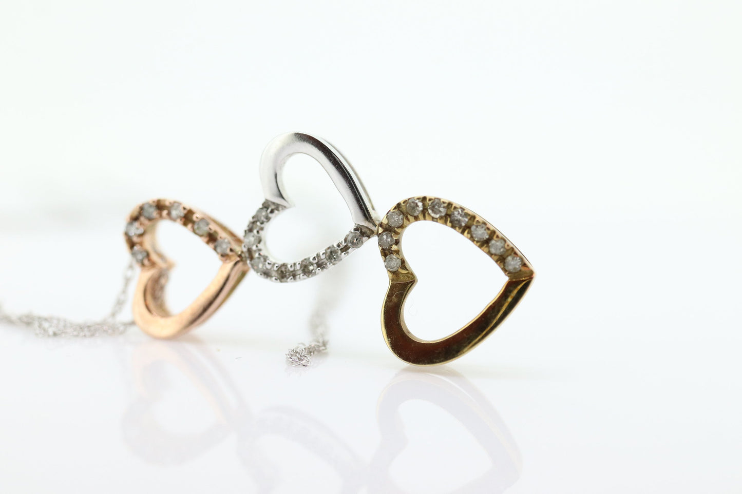 10K tricolor Triple Open Heart Diamond pendant. 10k Rose Yellow White gold. 10k necklace st44