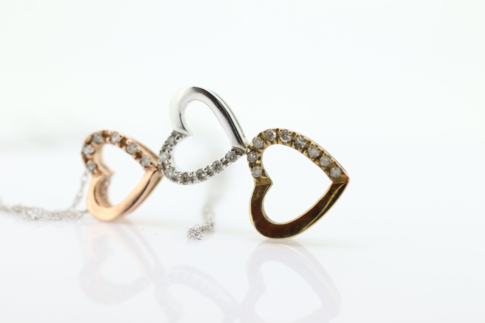 10K tricolor Triple Open Heart Diamond pendant. 10k Rose Yellow White gold. 10k necklace st44