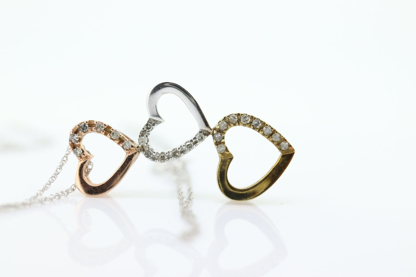 10K tricolor Triple Open Heart Diamond pendant. 10k Rose Yellow White gold. 10k necklace st44