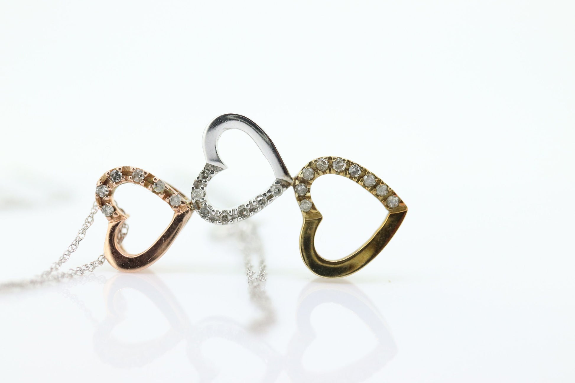 10K tricolor Triple Open Heart Diamond pendant. 10k Rose Yellow White gold. 10k necklace st44