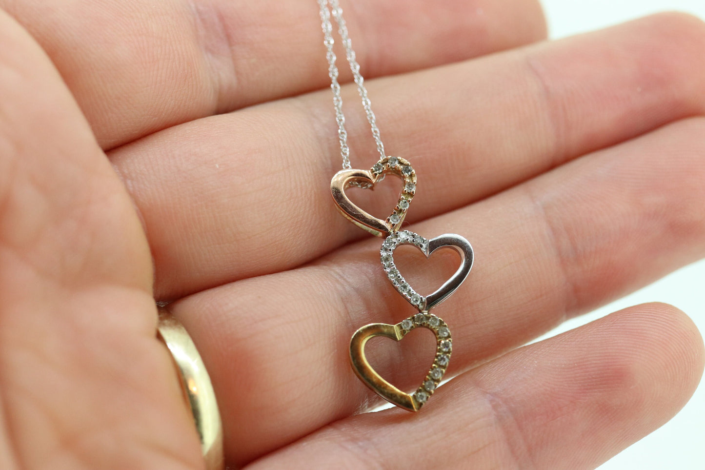10K tricolor Triple Open Heart Diamond pendant. 10k Rose Yellow White gold. 10k necklace st44