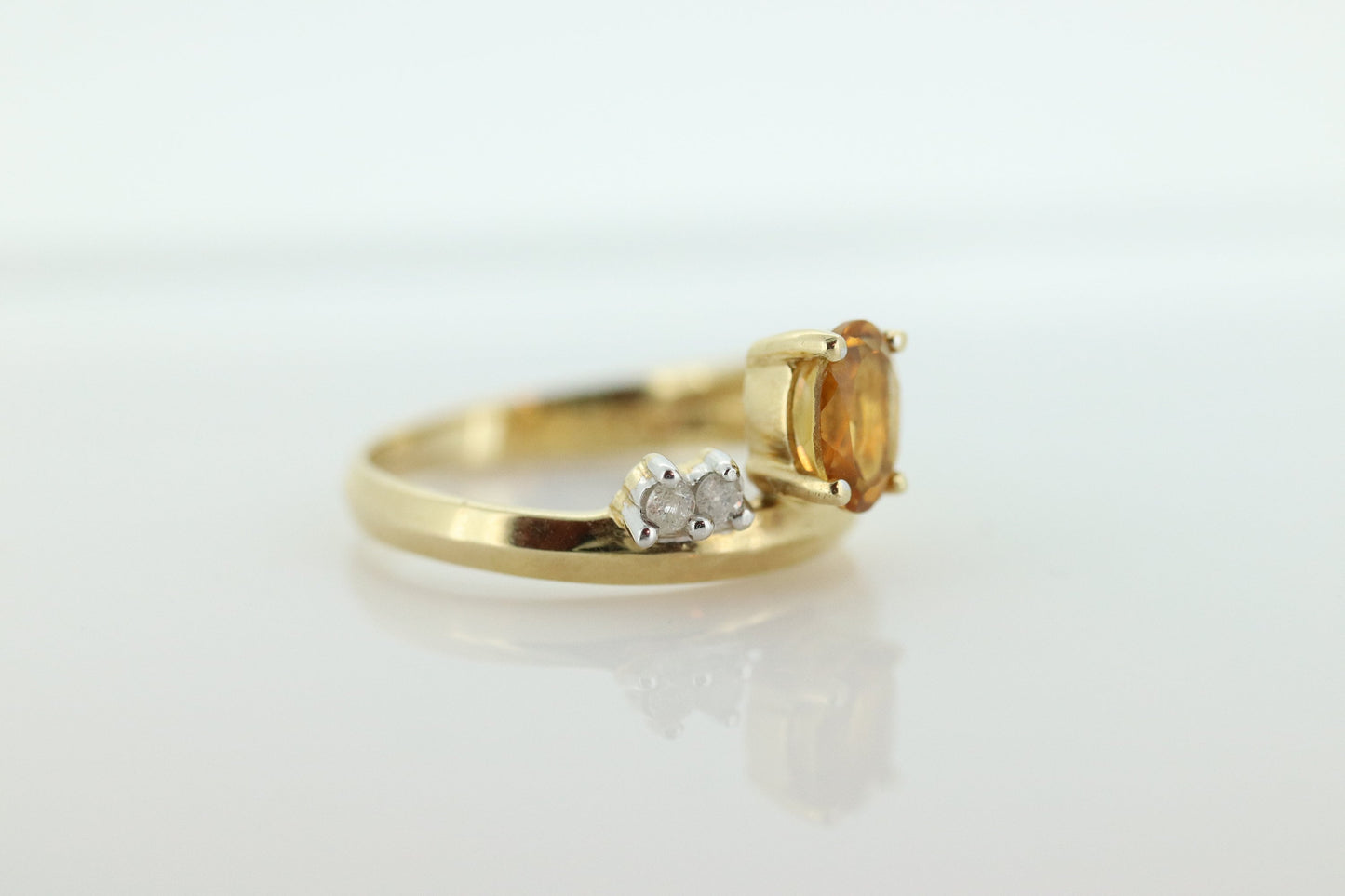 10k Citrine solitaire with Diamonds Ring. Citrine bypass statement ring. (st80/50)