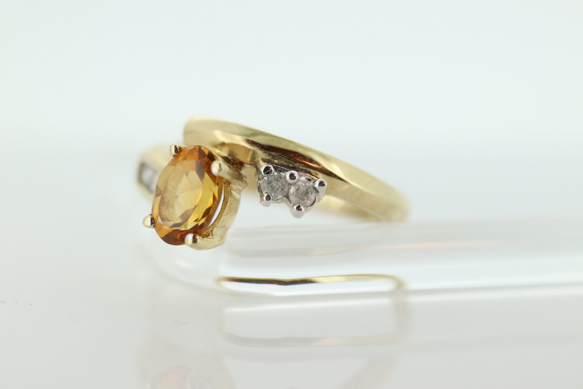 10k Citrine solitaire with Diamonds Ring. Citrine bypass statement ring. (st80/50)