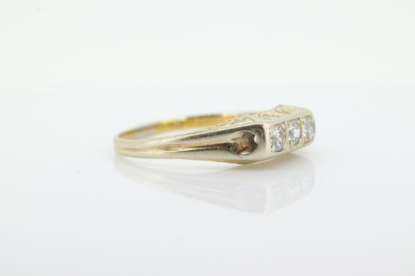 Art Deco Triple Twin Diamond ring. 18k White Gold Engraved Journey Trilogy Trio Ring. Three diamond band. st(127)