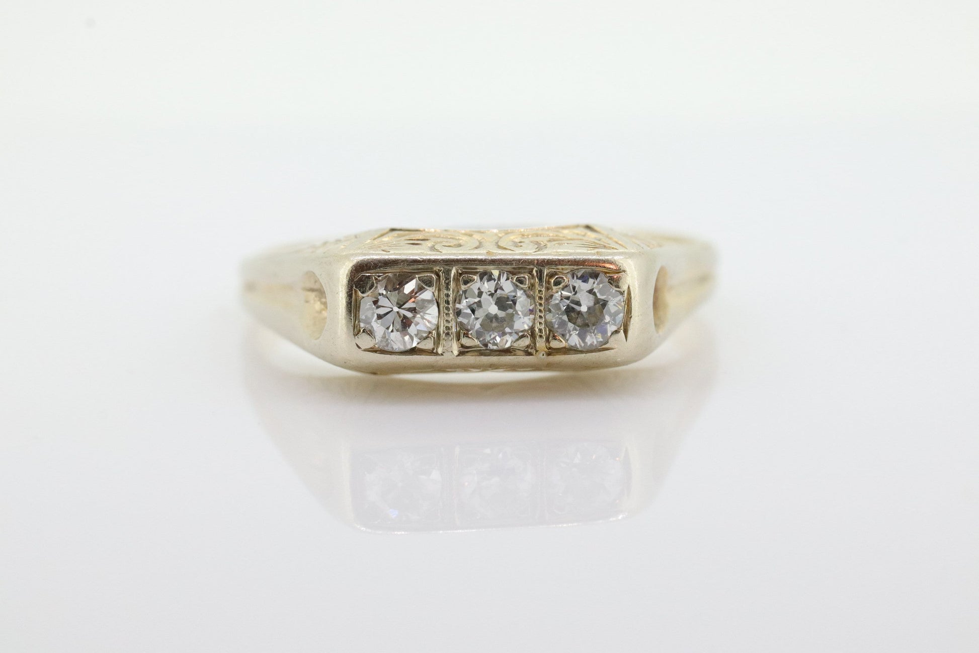 Art Deco Triple Twin Diamond ring. 18k White Gold Engraved Journey Trilogy Trio Ring. Three diamond band. st(127)