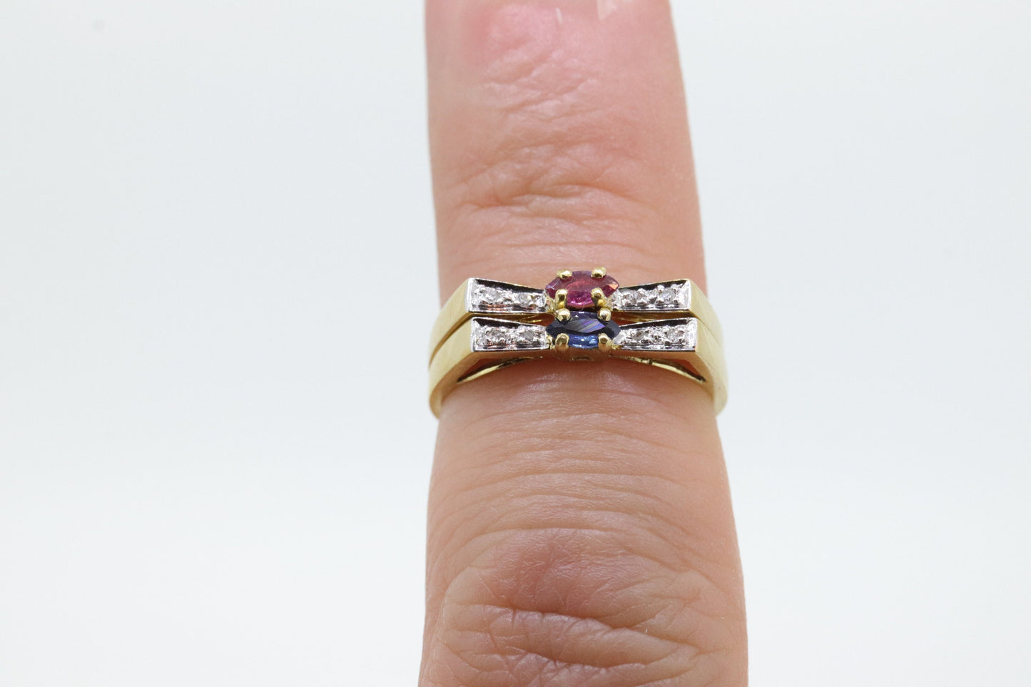 Vintage 18K Stacking rings. 18k Sapphire Ruby Marquise and diamond Thin band. Stacking Bands Rings. (st60)