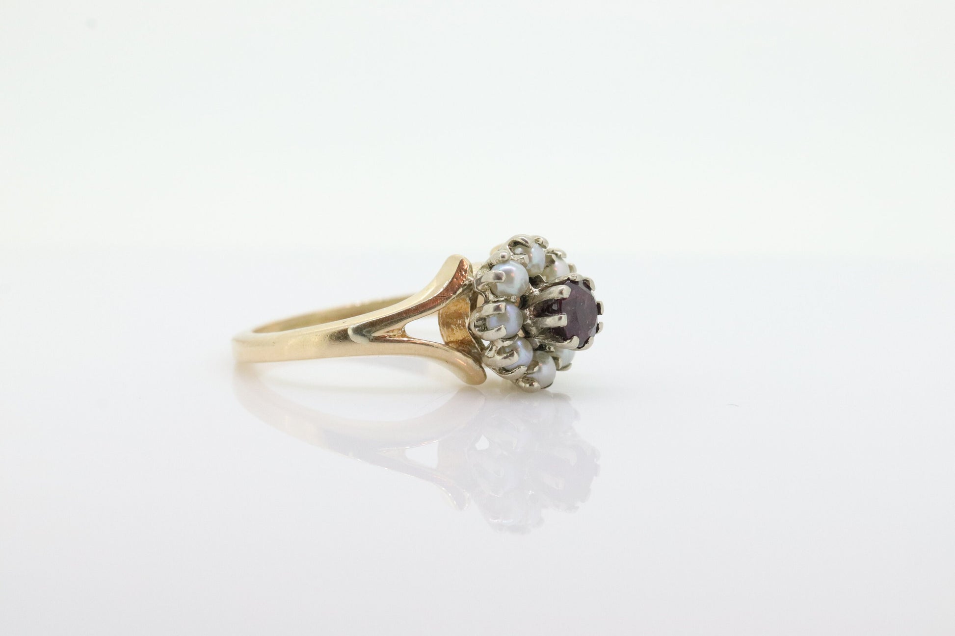 14k Ruby and Pearl Halo ring. Victorian Ruby prong set pearl cluster band. Vintage Ruby Pearl ring. st(70)