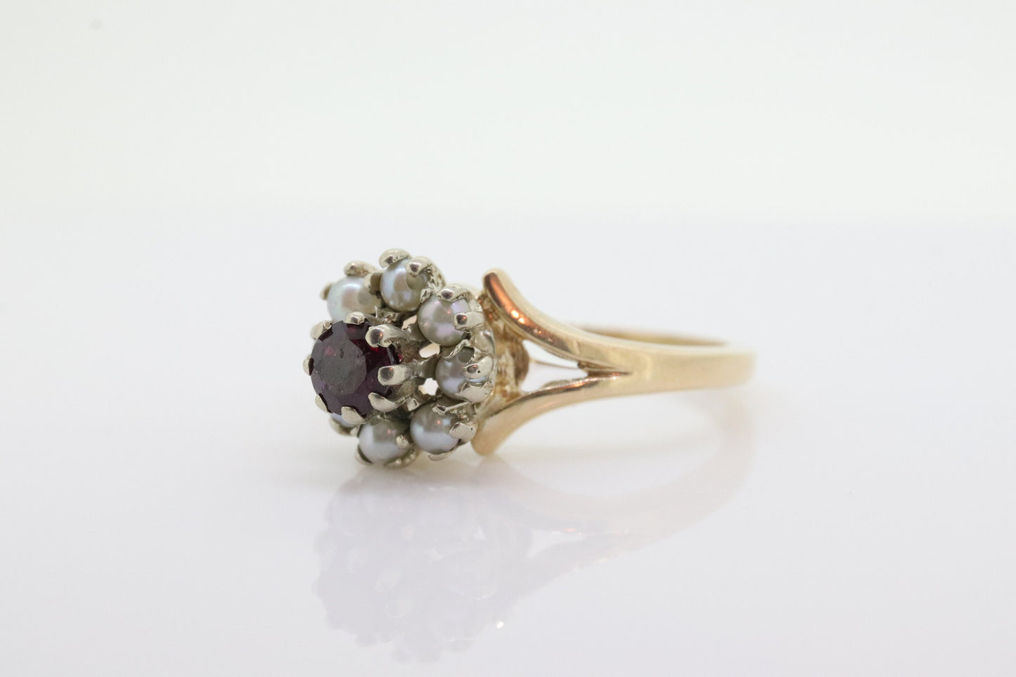 14k Ruby and Pearl Halo ring. Victorian Ruby prong set pearl cluster band. Vintage Ruby Pearl ring. st(70)