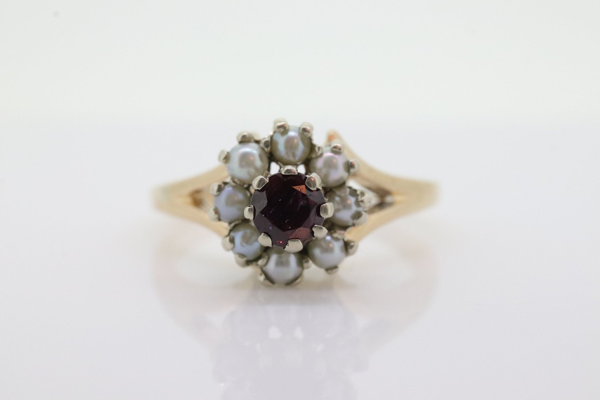 14k Ruby and Pearl Halo ring. Victorian Ruby prong set pearl cluster band. Vintage Ruby Pearl ring. st(70)