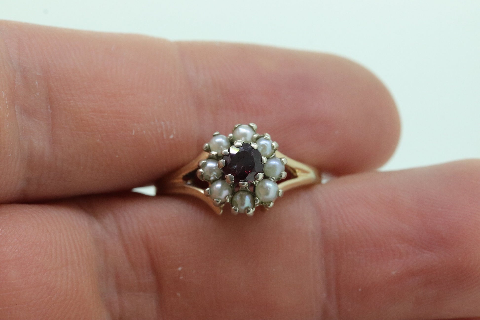 14k Ruby and Pearl Halo ring. Victorian Ruby prong set pearl cluster band. Vintage Ruby Pearl ring. st(70)