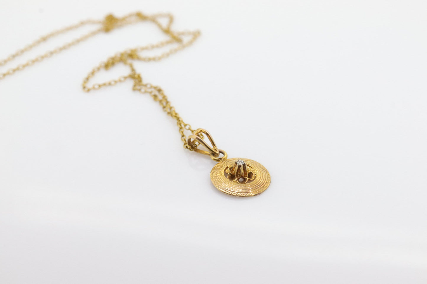 Antique Diamond pendant lavaliere. 10k Gold with a diamond set buttercup pendant for necklace. Art nouveau era (st70)