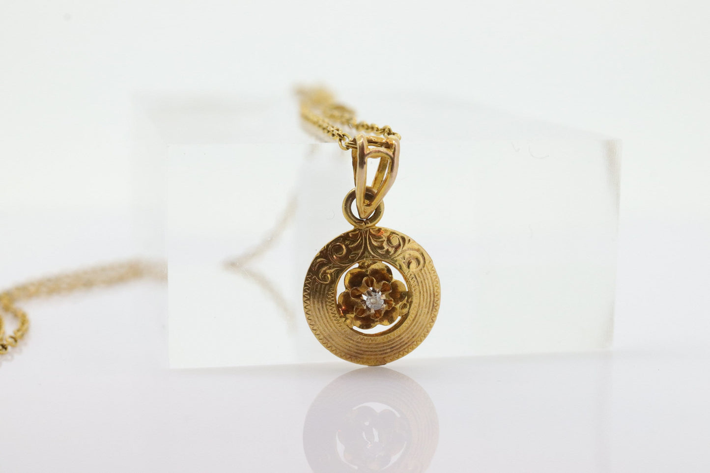 Antique Diamond pendant lavaliere. 10k Gold with a diamond set buttercup pendant for necklace. Art nouveau era (st70)