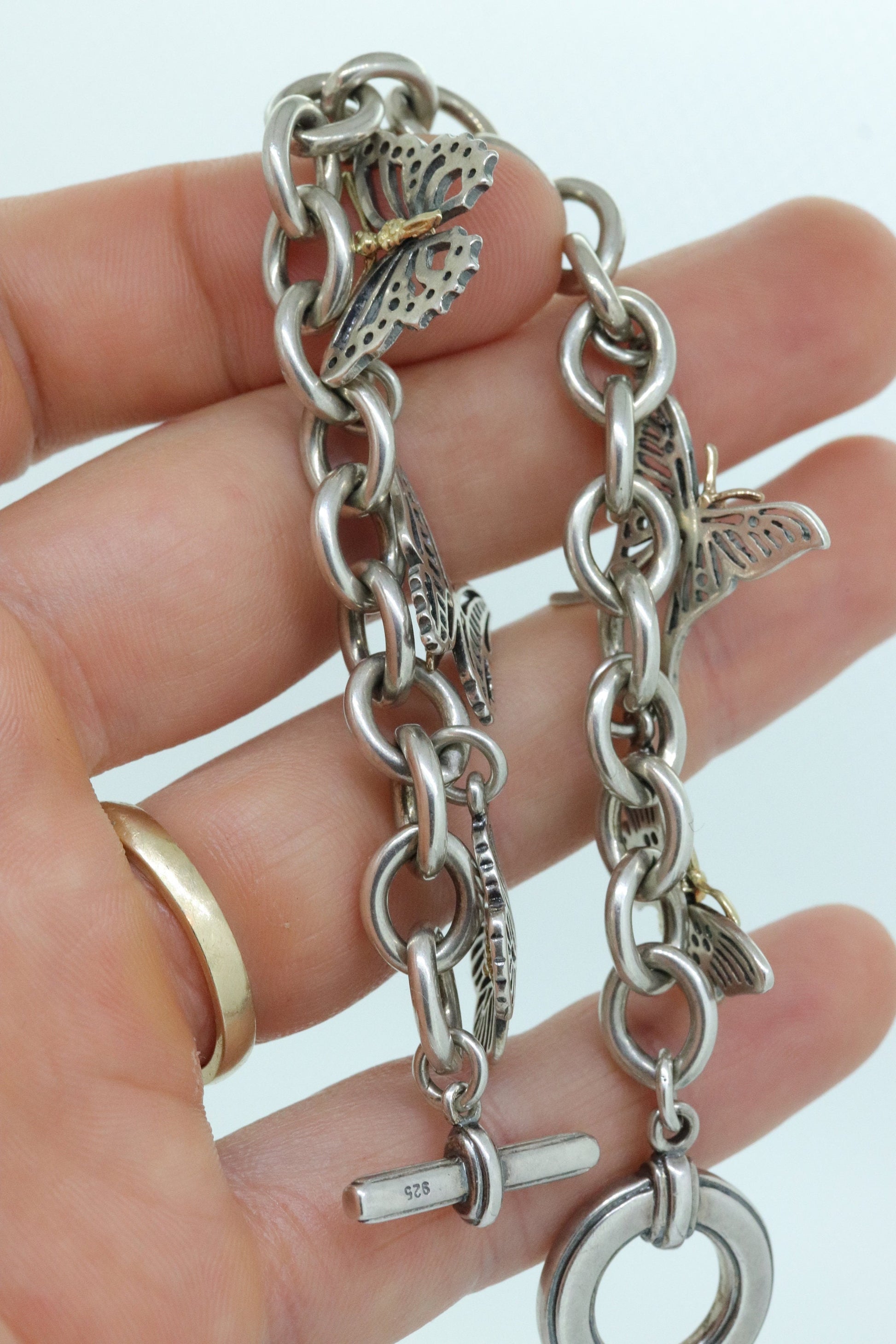 LAGOS Caviar Butterfly Bracelet. Sterling Silver 18K Yellow Gold Butterfly Charm Dangling Heavy Bracelet. (st161)