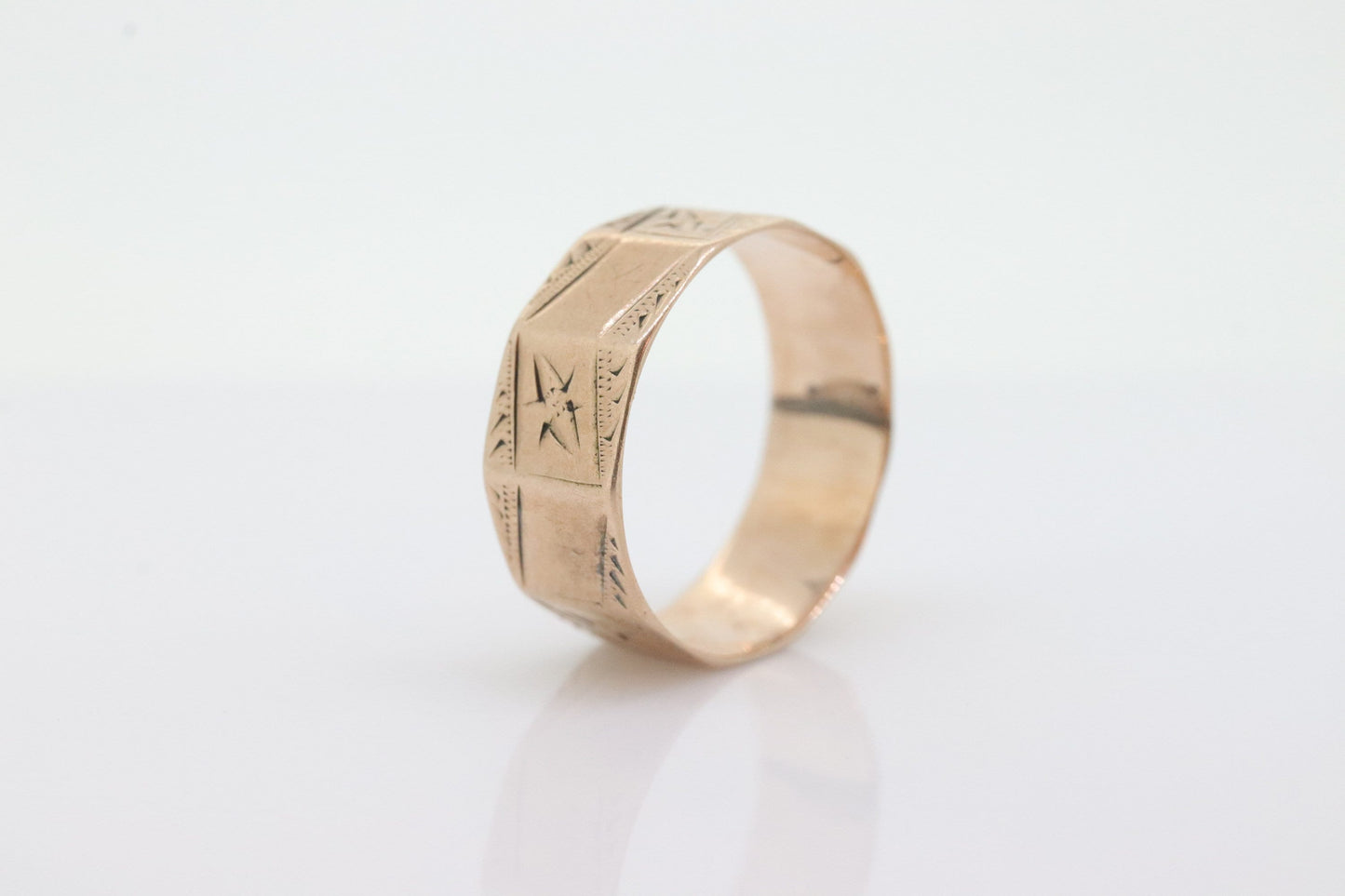 14k Wide LEAF Ornate engraved band. 14k Rose Gold Vintage Victorian Cigar band leaf design. 6mm sz4 st(100)