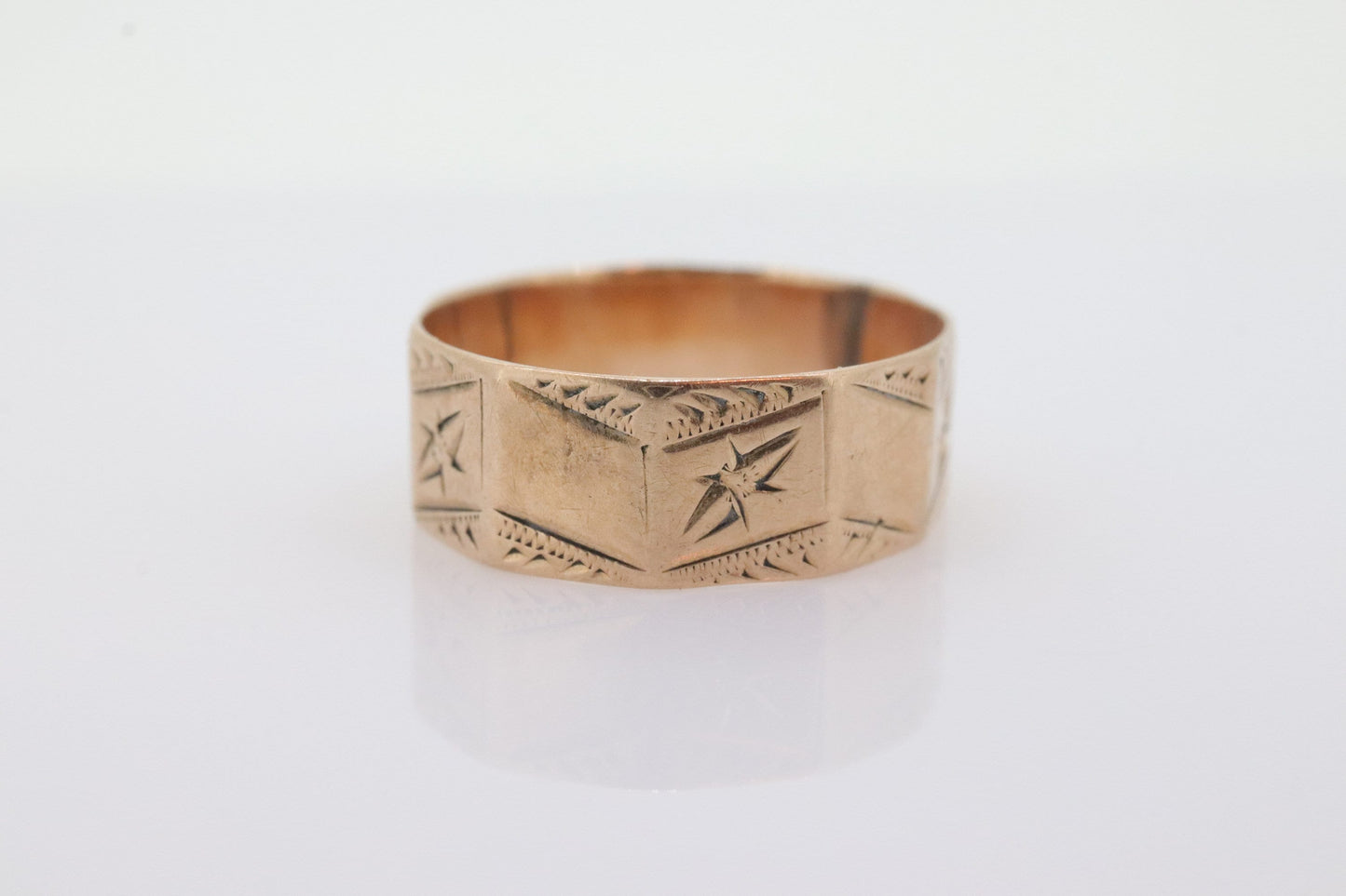 14k Wide LEAF Ornate engraved band. 14k Rose Gold Vintage Victorian Cigar band leaf design. 6mm sz4 st(100)