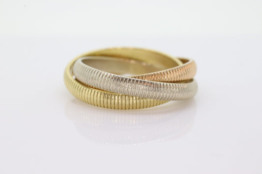 Vintage CARTIER 18k Tricolor Rolling Ring. Cartier Ribbed Triple Ring. Interlocking ring. Russian Wedding ring. 18k Rolling Band.