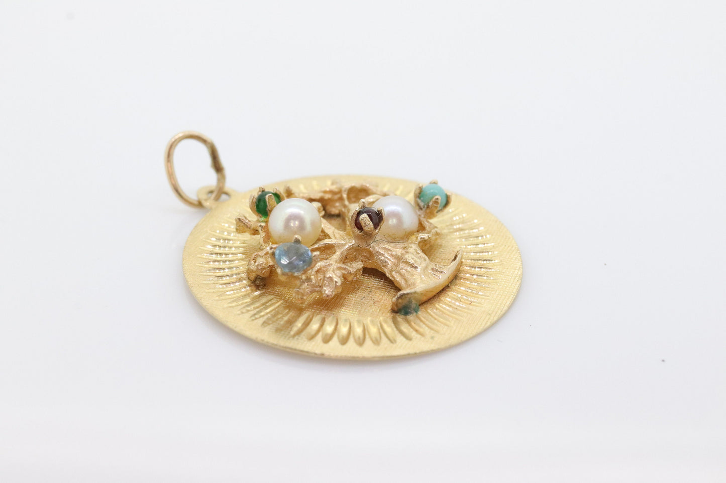 14k Tree of Life Round Medallion Pendant. Turquoise Pearls Emerald Ruby Aquamarine fruits. stock(109/25)