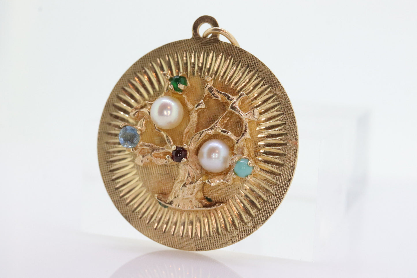14k Tree of Life Round Medallion Pendant. Turquoise Pearls Emerald Ruby Aquamarine fruits. stock(109/25)