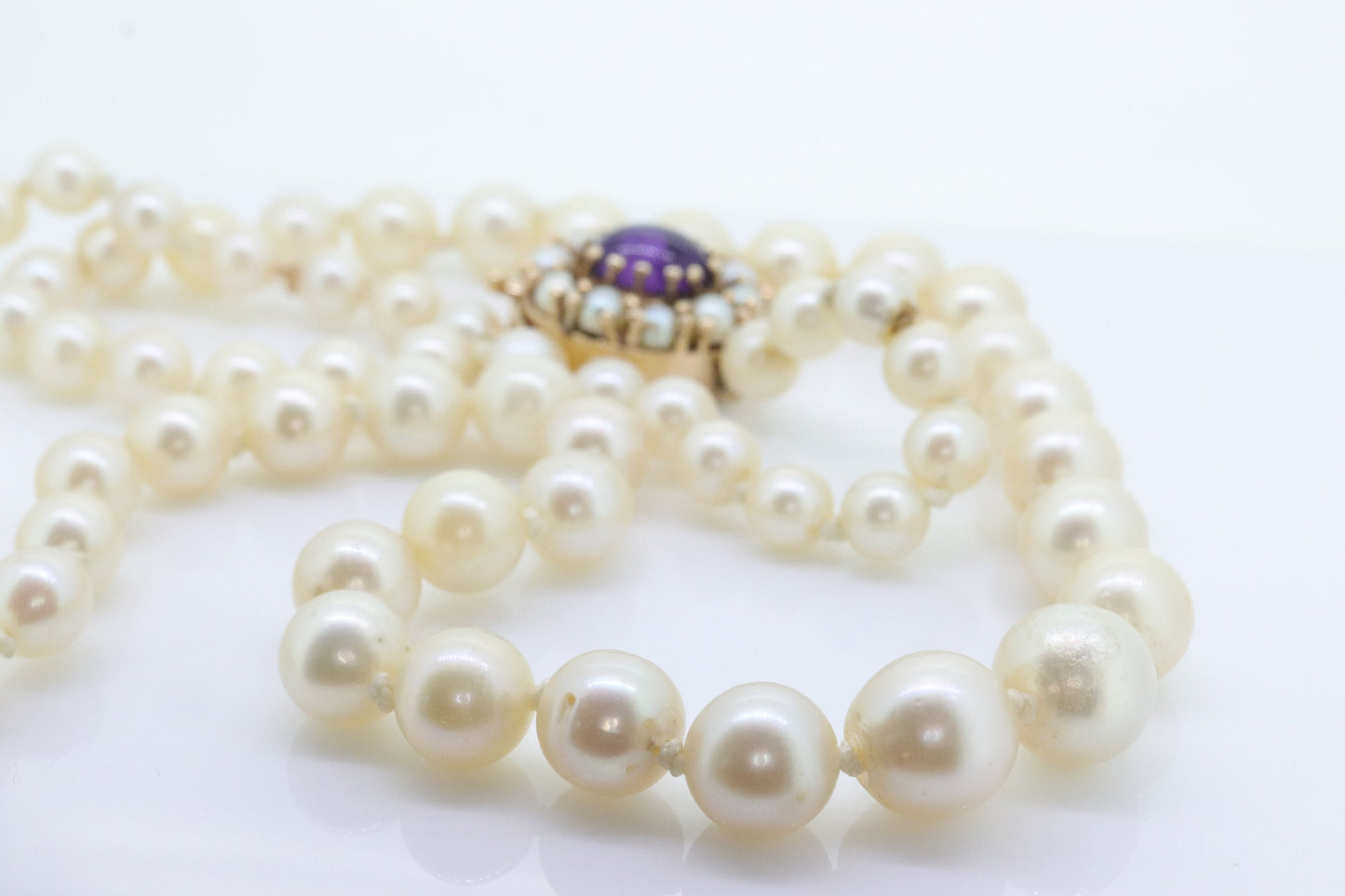 Victorian 6mm-10mm Pearl necklace with Amethyst and pearl seed 14k clasp. 24in