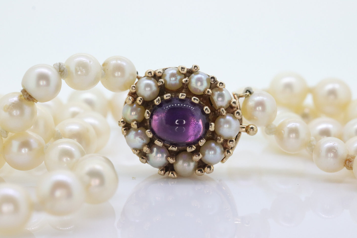 Victorian 6mm-10mm Pearl necklace with Amethyst and pearl seed 14k clasp. 24in