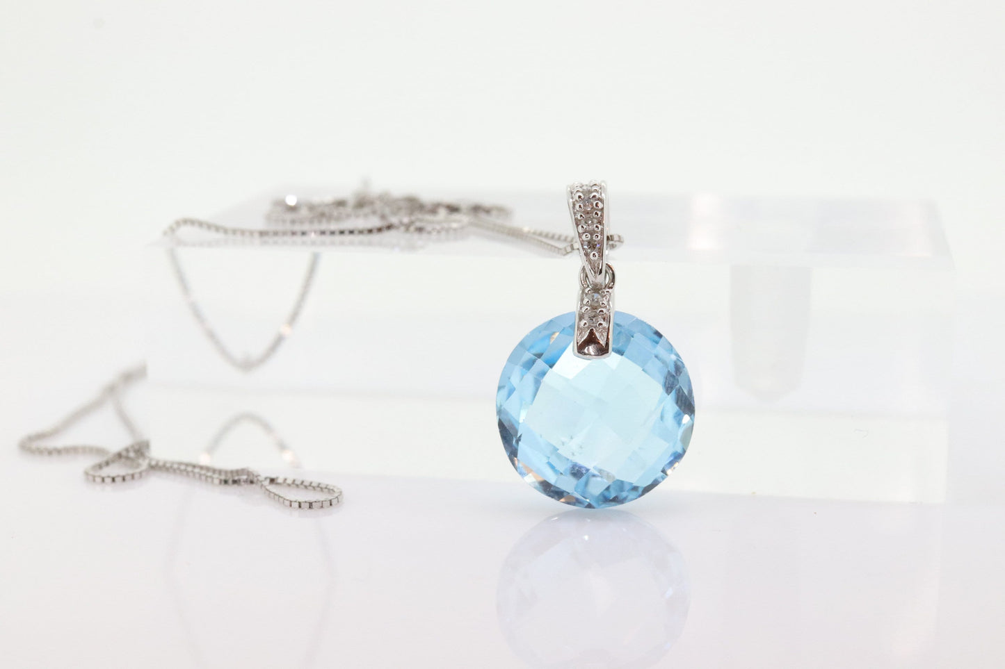 14k Blue TOPAZ and diamond Pendant. High quality drop CANDY pendant piece. Italian RCI. 14k Box Chain Necklace. st(100)