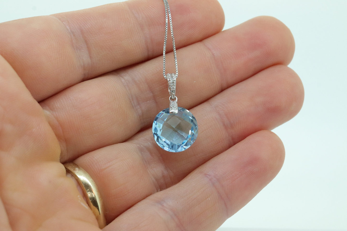 14k Blue TOPAZ and diamond Pendant. High quality drop CANDY pendant piece. Italian RCI. 14k Box Chain Necklace. st(100)