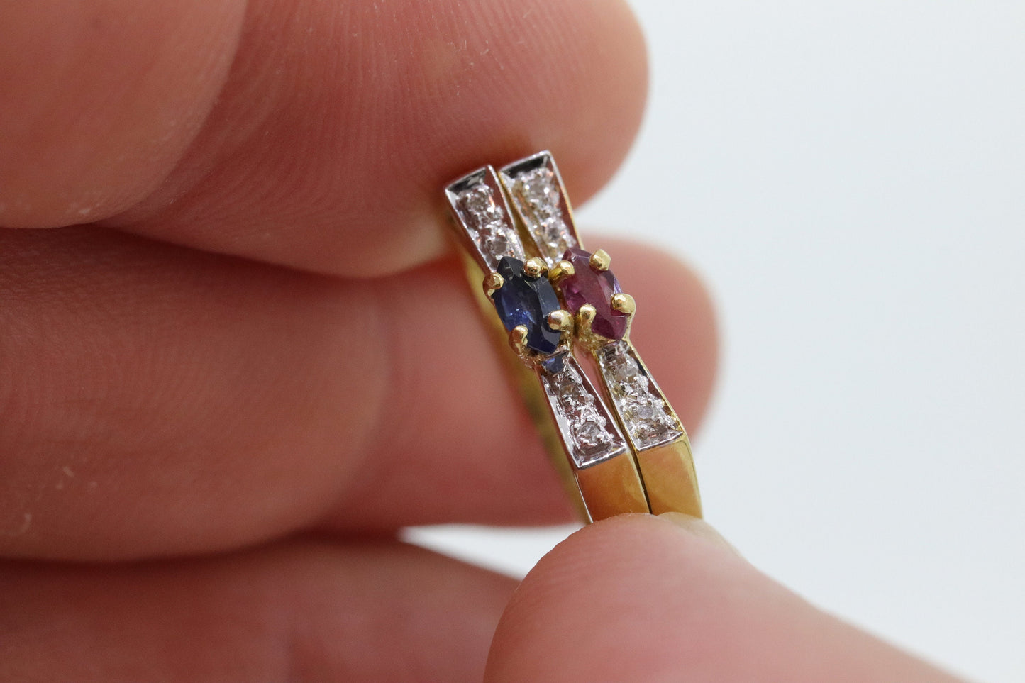 Vintage 18K Stacking rings. 18k Sapphire Ruby Marquise and diamond Thin band. Stacking Bands Rings. (st60)